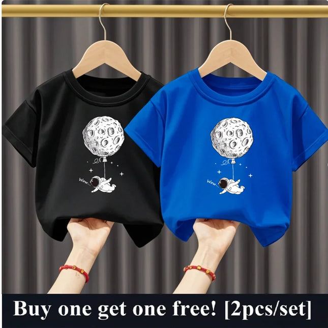 2pcs Boys Cartoon Astronaut  Print T Shirt Set Kids Cotton Short Sleeve Outfit Brother Friend Party Summer Tops 3-14years