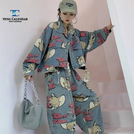 Korean Fashion Cartoon Printed Denim Jacket, Loose Fit Plus Size Short Cardigan Trend, Women's 2025 Autumn New Style