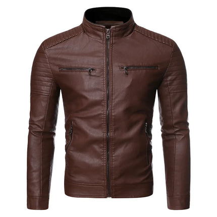 Spring and Autumn men's standing collar multi pocket leather jacket PU leather work clothes outdoor motorcycle riding clothes