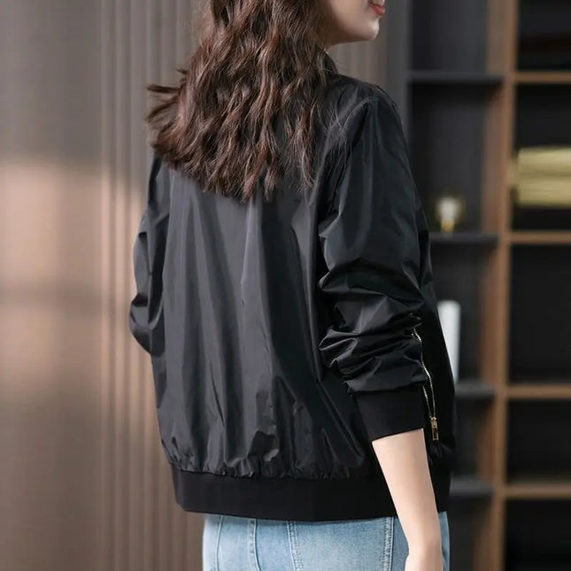 Baseball Aviator Coat Woman Zip-up Black Spring Autumn Plain Bomber Jacket for Women 2025 Trend Fashion High Quality Long Sleeve