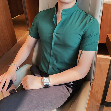 Men's Summer Fashion Stand Collar Business Casual Short Sleeve Shirt Luxury Slim Fit Solid Dress Shirt Brand Men Clothes 5XL-M