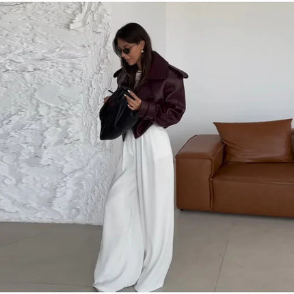Women Red Wine Leather Short Jackets With Belt Vintage Turndown Collar Long Sleeve Coats 2024 Female Chic Streetwear Cardigan