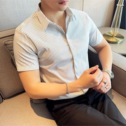2024 Summer Fashion Vertical Striped Shirts Luxury Men's Hidden Button Short Sleeved Slim Fit Casual Business Shirt Men Clothing