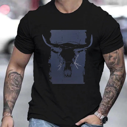 Summer men's 100% pure cotton casual loose plus size Western bull head pattern printed round neck short sleeved T-shirt top