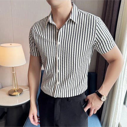 2025 Summer Fashion Vertical Striped Shirts Luxury Men's Short Sleeved Slim Fit Casual Pleated Business Shirt Men Clothing 4XL-M