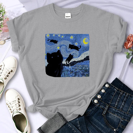 The Starry Cat Night Women T Shirts Fashion Breathable Cool Short Sleeve Street Hip Hop Tops Casual All-math Female Tee Clothing