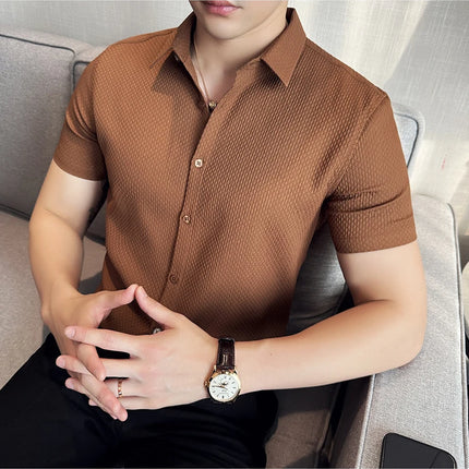 2024 Summer Waffle Shirt Luxury Men's Slim Fit Casual Short Sleeved Business Versatile Dress Shirt Men Clothing Plus Size 4XL-M