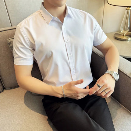High Quality Ice Silk Elastic Jacquard Shirts 2024 Summer New Men Casual Short Sleeved Slim Fit Business Versatile Shirt 4XL-M