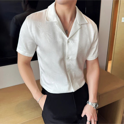 New Chinese Jacquard Shirt Luxury Men Elegant Print Slim Fit Casual Prom Social Shirts High Quality Summer Short Sleeved Tuxedo