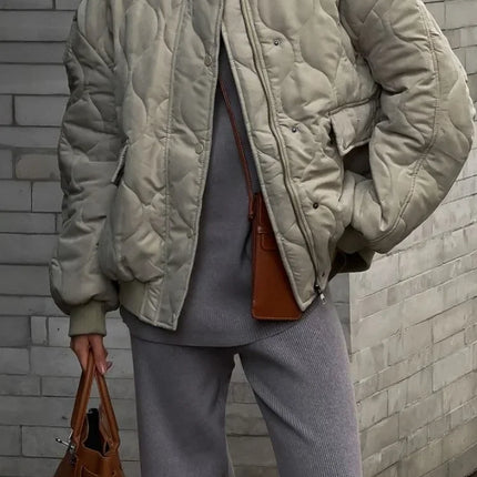 Chic Zipper With Button Quilted Bomber Cotton Jacket Women Casual Single Breasted Long Sleeve Pocket Coat Fall Lady Warm Outwear
