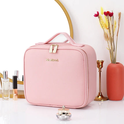 Travel Makeup Bag with LED Lighted Mirror 3 Color Scenarios Adjustable Brightness, with DIY Dividers, Toiletry Makeup Case Gift