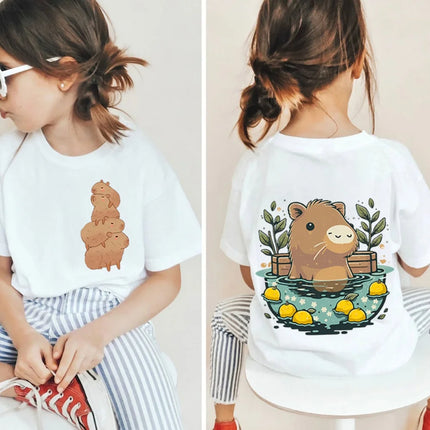 Kawaii Capybara Lovers Kids T-Shirt Short-Sleeved White T-Shirts Cartoon Tees Summer Children Top Crew Neck Children's Clothing