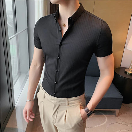 Plus Size 4XL-M Summer Mens Dark Striped Shirts Short Sleeve Fashion 2022 Korean Slim Fit Casual Business Formal Wear Blouse