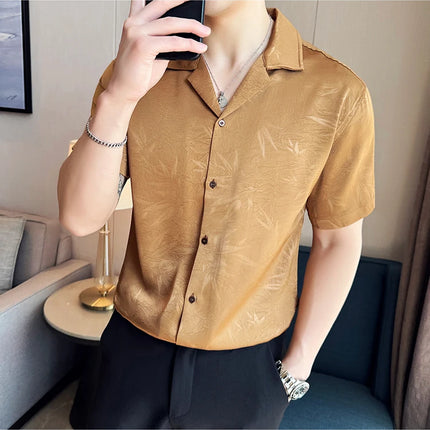 New Chinese Jacquard Shirt Luxury Men Elegant Print Slim Fit Casual Prom Social Shirts High Quality Summer Short Sleeved Tuxedo