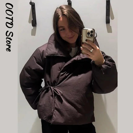 Fashion Lace Up Brown Cotton Jacket Women Loose Stand Collar Full Sleeve Thick Coat 2025 Autumn Winter Lady Warm Street Outwear