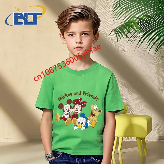 Disney Mickey Mouse and Friends print kids T-shirt pure cotton short-sleeved green top cartoon children's clothing for boys