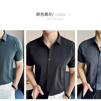 High Quality Ice Silk Elastic Jacquard Shirts 2024 Summer New Men Casual Short Sleeved Slim Fit Business Versatile Shirt 4XL-M