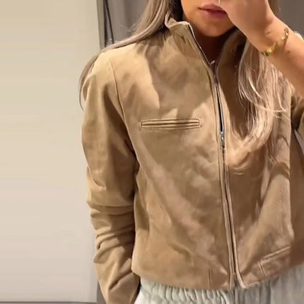 Suede Leather Short Jacket Coat Zipper Stand Collar Vintage Casual Motorcycle Jackets Baggy Front Shoulder Women Outwear Top New