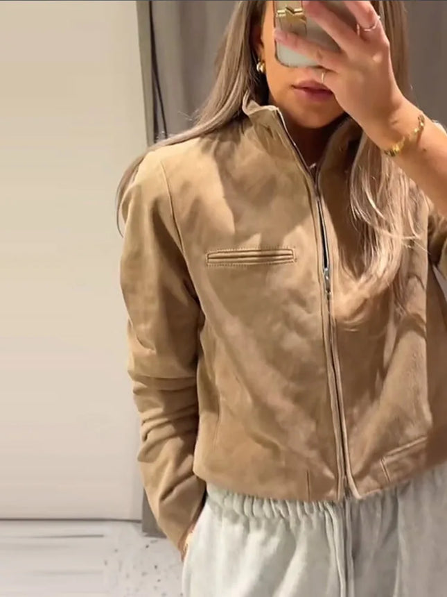 Suede Leather Short Jacket Coat Zipper Stand Collar Vintage Casual Motorcycle Jackets Baggy Front Shoulder Women Outwear Top New