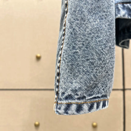 Spring New Round Collar Zipper Double Pocket Denim Coat for Women's Fashion Back Waist Make Old Washed Water Blue Coat