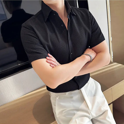 2023 Summer Waffle Short Sleeved Shirt Men Fashion Casual Solid Color Lapel Loose Shirt Male Korean Social Business Dress Blouse