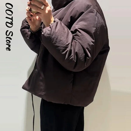 Fashion Lace Up Brown Cotton Jacket Women Loose Stand Collar Full Sleeve Thick Coat 2025 Autumn Winter Lady Warm Street Outwear