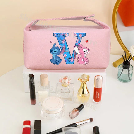 Disney Stitch Fashion Makeup Pouch for Women Anime High-capacity Cosmetic Bag Cartoon Letter A-Z Portable Handbag Washing Bags