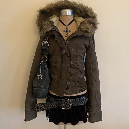 Essential brown fur collar hooded short jacket in Europe and America in autumn and winter Y2K fashionable versatile super warm