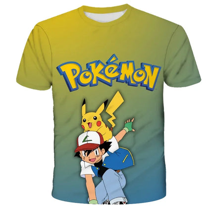 Summer Anime Pokemon Boy T-shirt, Pikachu Children's 3D Fashion Casual Children's Cosplay Clothing, Adult Short-sleeved Yellow