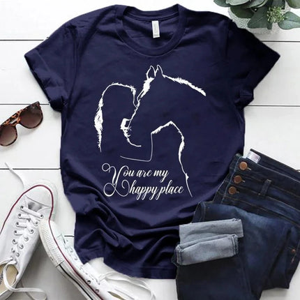 Summer Funny Horse And Girl You Are My Happy Place Print T-shirts Ladies Short Sleeve Tee Shirts Women O-Neck Oversized TShirt