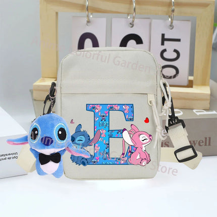 Disney Stitch Canvas Shoulder Bags with Doll Cartoon Letter A-Z Printed Fashion Handbag Multi Pocket Zipper Crossbody Bag Gifts