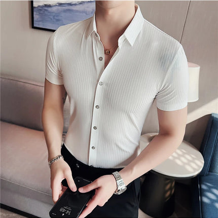 2024 Summer High Elasticity Seamless Short Sleeve Shirts Fashion Stripes Men Business Formal Wear Slim Fit Casual Dress Shirt