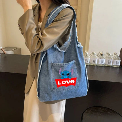 Disney Stitch Fashion Retro Denim Bag Women Anime High-capacity Shoulder Bag Female Students Commute Handbag Popular Tote-bag