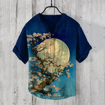 Men's Summer V-neck Henley Short Sleeve Shirt Men's Casual Shirt Moon View Moonlight 3D Printed Short Sleeve Linen T-Shirt Top