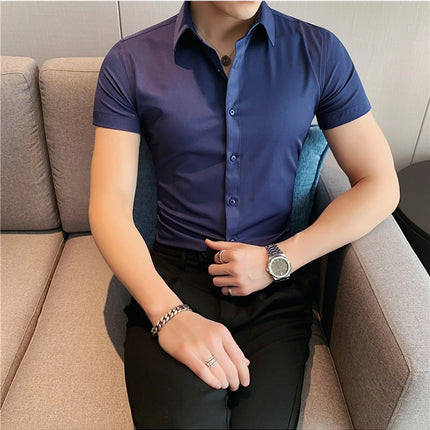 New Summer Men's Short Sleeve Shirt Fashion Business Slim Solid Color Shirt Formal Social Party Casual Dress Men's Clothing 7XL