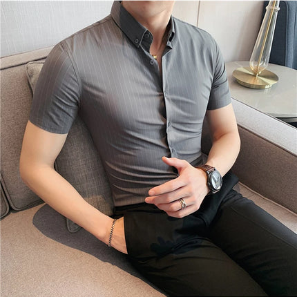 High Quality Pinstripe Casual Shirts  For Men 2024 Summer Slim Fit Business Social Elastic Social Party Shirt Plus Size 4XL-M