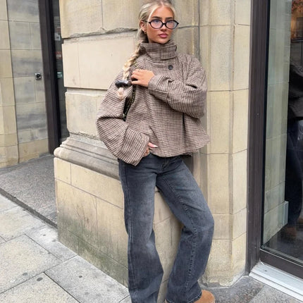 Talenza Autumn Winter Women Jacket Vintage Plaid Fashion Stand Collar Button-Up Coats New Streetwear Commuter Female Outerwear