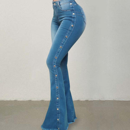 Women Wide Leg Flare Denim Trousers Sexy Jeans Trousers Washed Flare Jeans Breathable Stretchy Rivet Decor Denim Flare Jeans