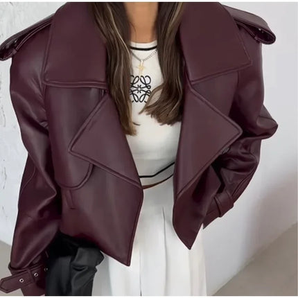 Women Red Wine Leather Short Jackets With Belt Vintage Turndown Collar Long Sleeve Coats 2024 Female Chic Streetwear Cardigan