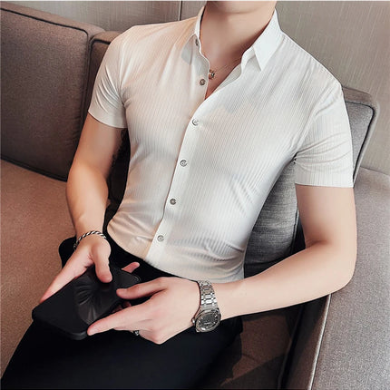 2024 Summer High Elasticity Seamless Short Sleeve Shirts Fashion Stripes Men Business Formal Wear Slim Fit Casual Dress Shirt