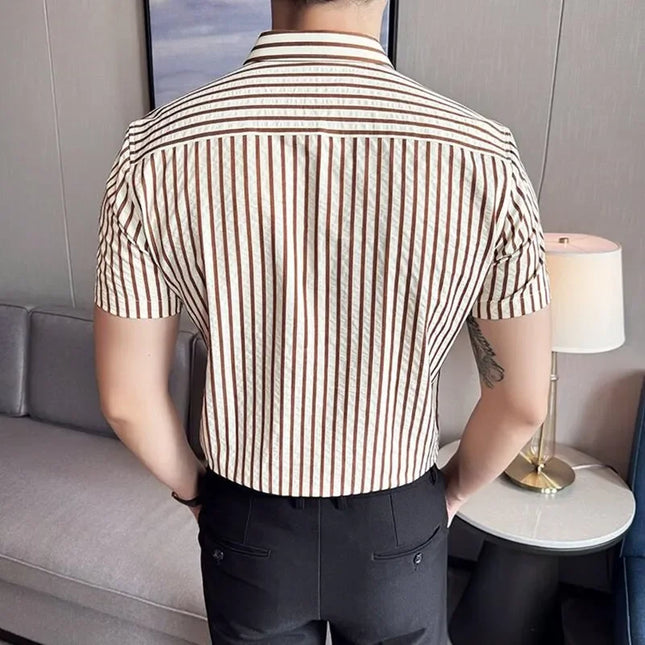 2025 Summer Fashion Vertical Striped Shirts Luxury Men's Short Sleeved Slim Fit Casual Pleated Business Shirt Men Clothing 4XL-M