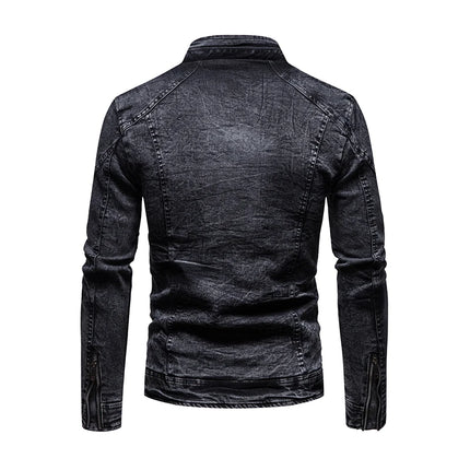 Cowboy jacket men's retro style personalized slim fit stand up collar zipper warm workwear jacket motorcycle riding suit