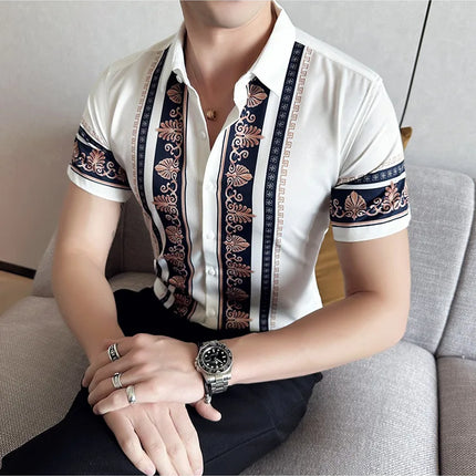 2023 Summer New Fashion Short Sleeve Print Shirt Men Slim Fit Business Social Party Dress Shirts Streetwear Plus Size 6XL-M