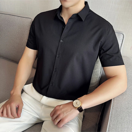 High Quality Ice Silk Elastic Jacquard Shirts 2024 Summer New Men Casual Short Sleeved Slim Fit Business Versatile Shirt 4XL-M