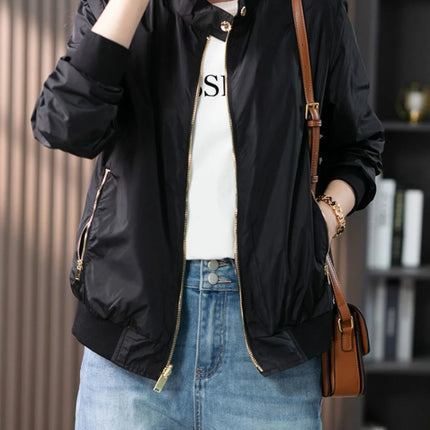 Baseball Aviator Coat Woman Zip-up Black Spring Autumn Plain Bomber Jacket for Women 2025 Trend Fashion High Quality Long Sleeve