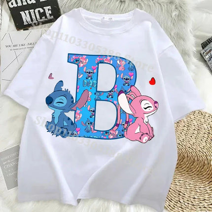 Disney Stitch T-shirts for Women Men Anime Letter A-Z Printed Short Sleeved Shirt Female Male Summer Fashion Top Adults Clothes
