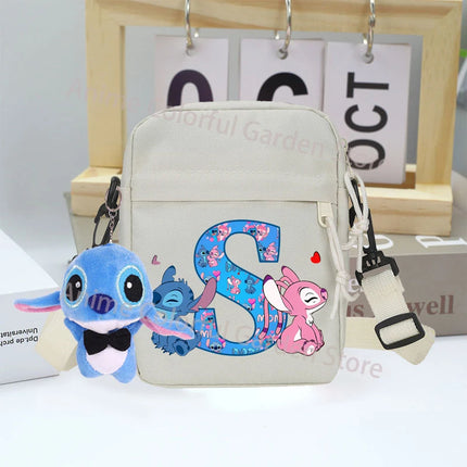 Disney Stitch Canvas Shoulder Bags with Doll Cartoon Letter A-Z Printed Fashion Handbag Multi Pocket Zipper Crossbody Bag Gifts