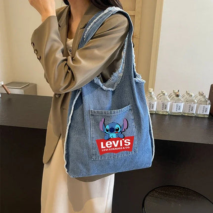 Disney Stitch Fashion Retro Denim Bag Women Anime High-capacity Shoulder Bag Female Students Commute Handbag Popular Tote-bag