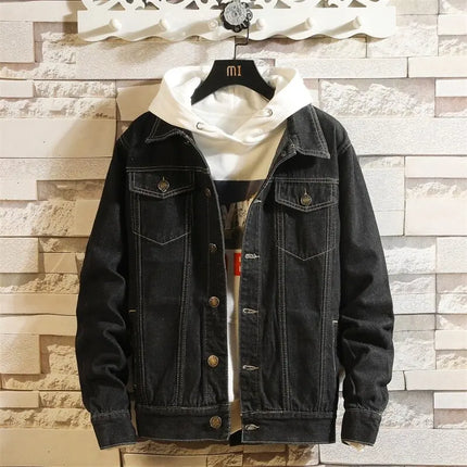 Deep Blue Mens Long Sleeve Denim Jacket, Single Breasted Lapel Coat, Black Fashion Casual Jackets, Asian Size M-5XL
