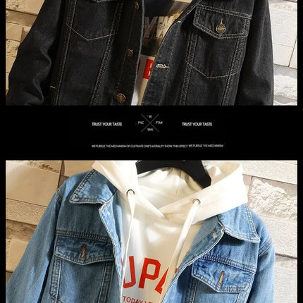 Blue Men's Denim Jacket, Single-breasted Lapel Coat, Fashionable Casual Tops, Black and Light Blue Can Be Selected,M-5XL